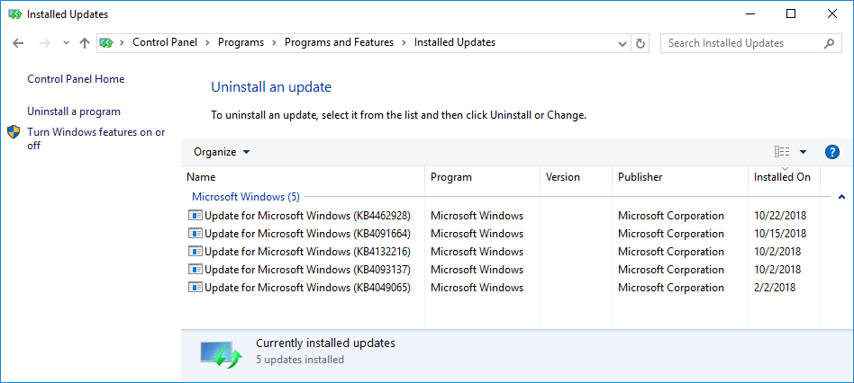 List all Windows updates